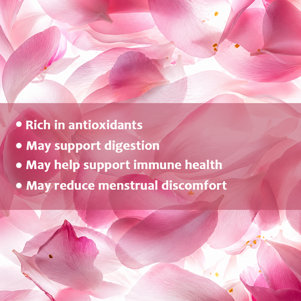 Pink flower petals with text about health benefits on a pink background herbal infusion