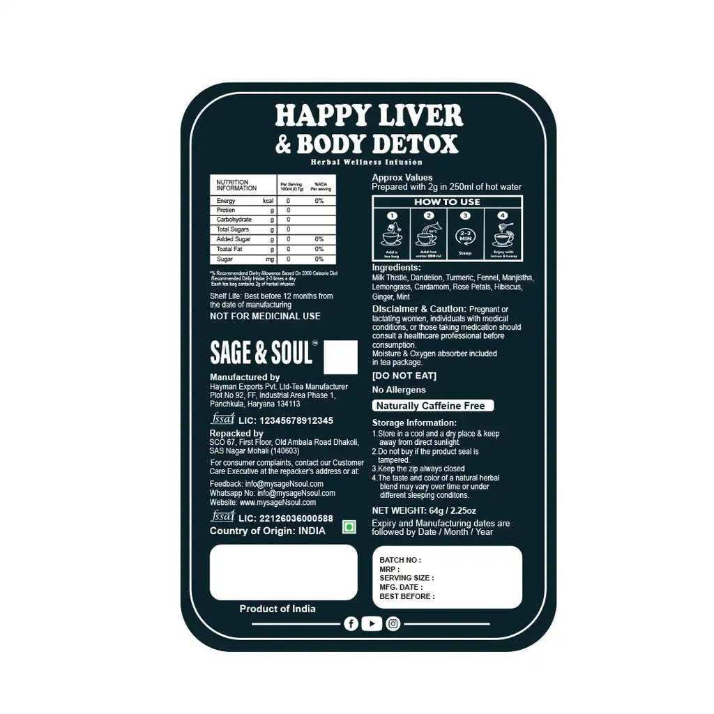 A dark teal and white product label for 'Happy Liver & Body Detox' by Sage & Soul, displaying nutritional facts, usage instructions, and product details on a plain white background.