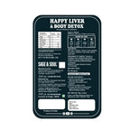 A dark teal and white product label for 'Happy Liver & Body Detox' by Sage & Soul, displaying nutritional facts, usage instructions, and product details on a plain white background.