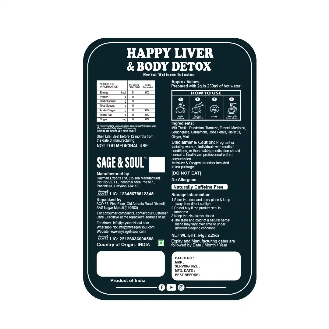 A dark teal and white product label for 'Happy Liver & Body Detox' by Sage & Soul, displaying nutritional facts, usage instructions, and product details on a plain white background.