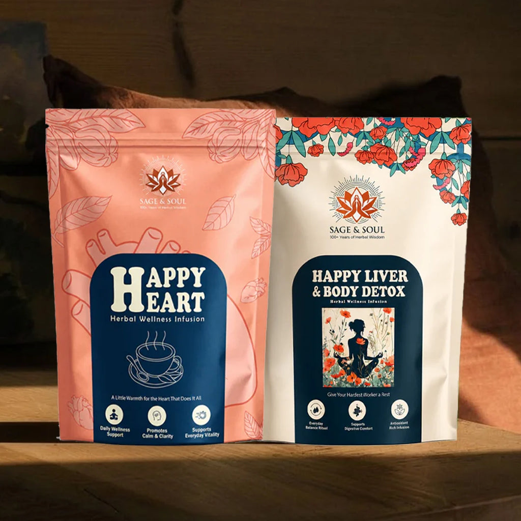 Two stand-up pouches of Sage & Soul herbal wellness products displayed side by side on a wooden surface in a dimly lit setting. The left pouch is peach-pink with a dark blue label reading 'Happy Heart Herbal Wellness Solution.