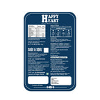 Blue label with 'Happy Heart' text and product details on a white background