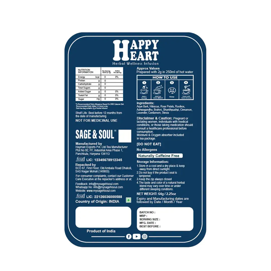 Blue label with 'Happy Heart' text and product details on a white background