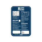 The back of a Happy Heart Sage & Soul herbal supplement packet, showing detailed product information, ingredients, and instructions in white text on a dark blue background.