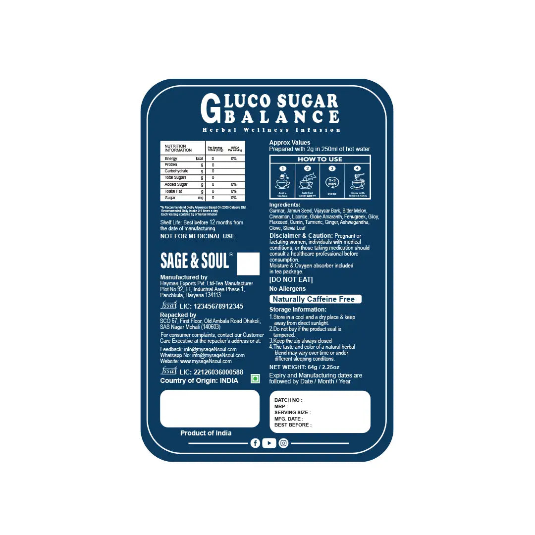 Blue label for Luco Sugar Balance with text and icons on a white background
