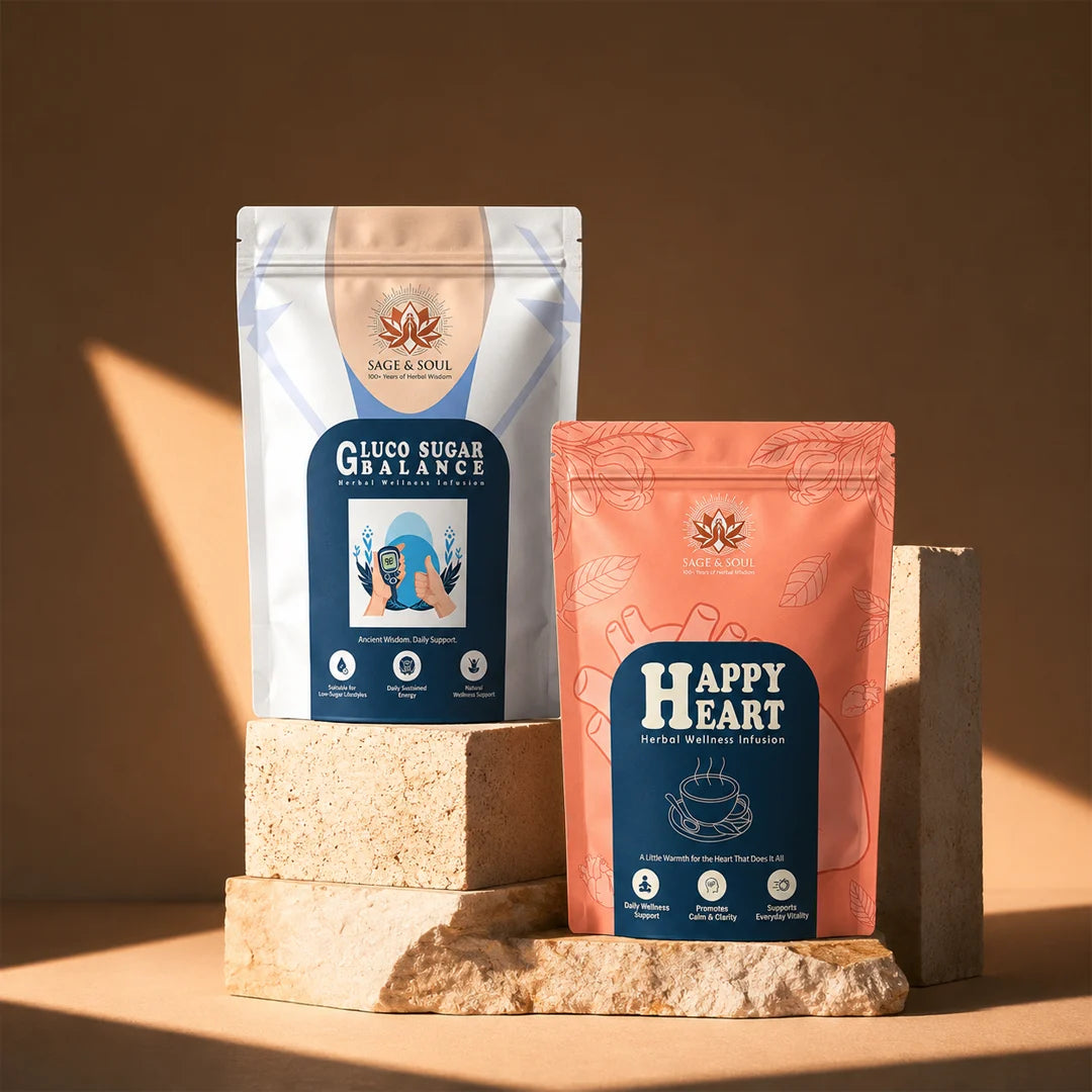 Two packages of 'Gluco Sugar Balance' and 'Happy Heart' on a stone surface with a warm background