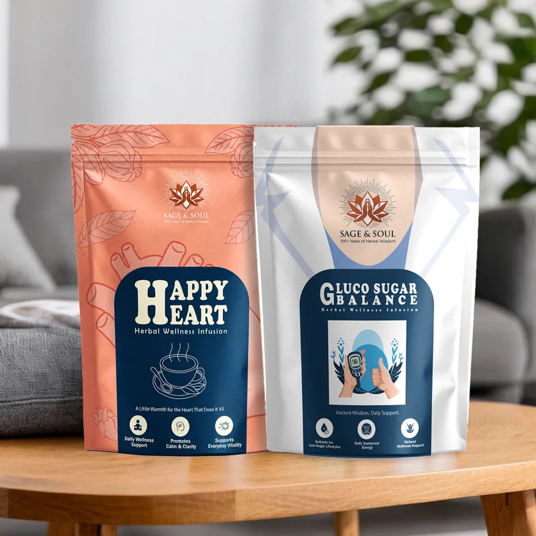 Two packages of 'Happy Heart' and 'Sugar Balance' on a wooden table with a blurred indoor background.