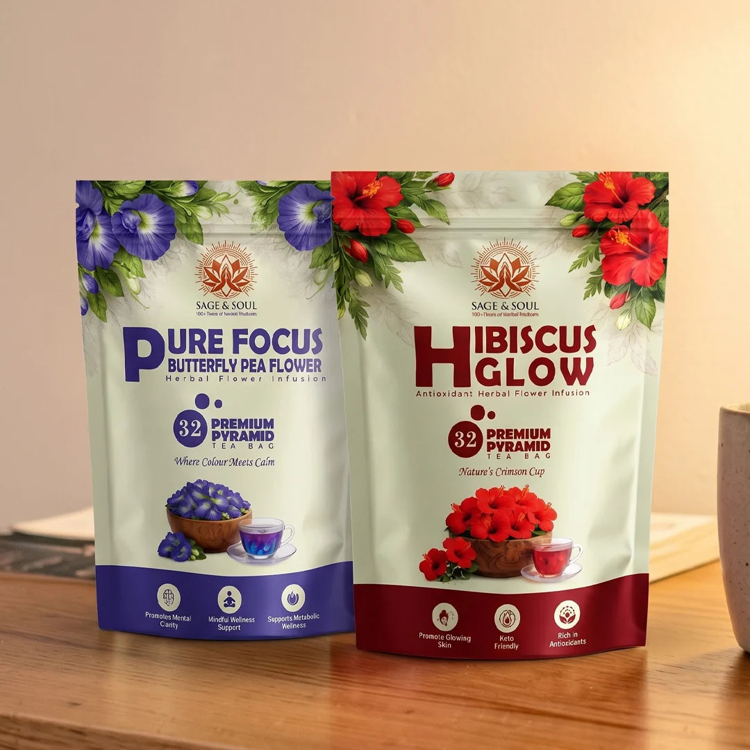 Two packages of Sage & Soul tea, 'Pure Focus' and 'Hibiscus Glow', on a wooden surface.
