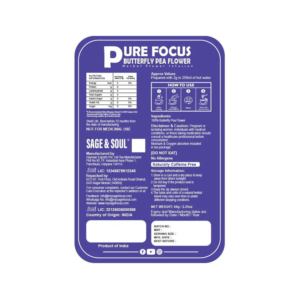 A purple and white product information label for Pure Focus Butterfly Pea Flower by Sage & Soul, detailing ingredients, usage, and nutritional facts.