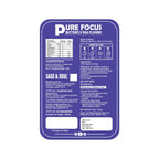 A purple and white product information label for Pure Focus Butterfly Pea Flower by Sage & Soul, detailing ingredients, usage, and nutritional facts.