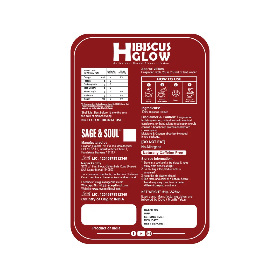 Red label for 'Hibiscus Glow' with text and icons on a white background