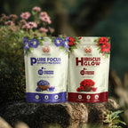 Two packages of Sage & Soul tea, one labeled 'Pure Focus' and the other 'Hibiscus Higlow', on a natural background.