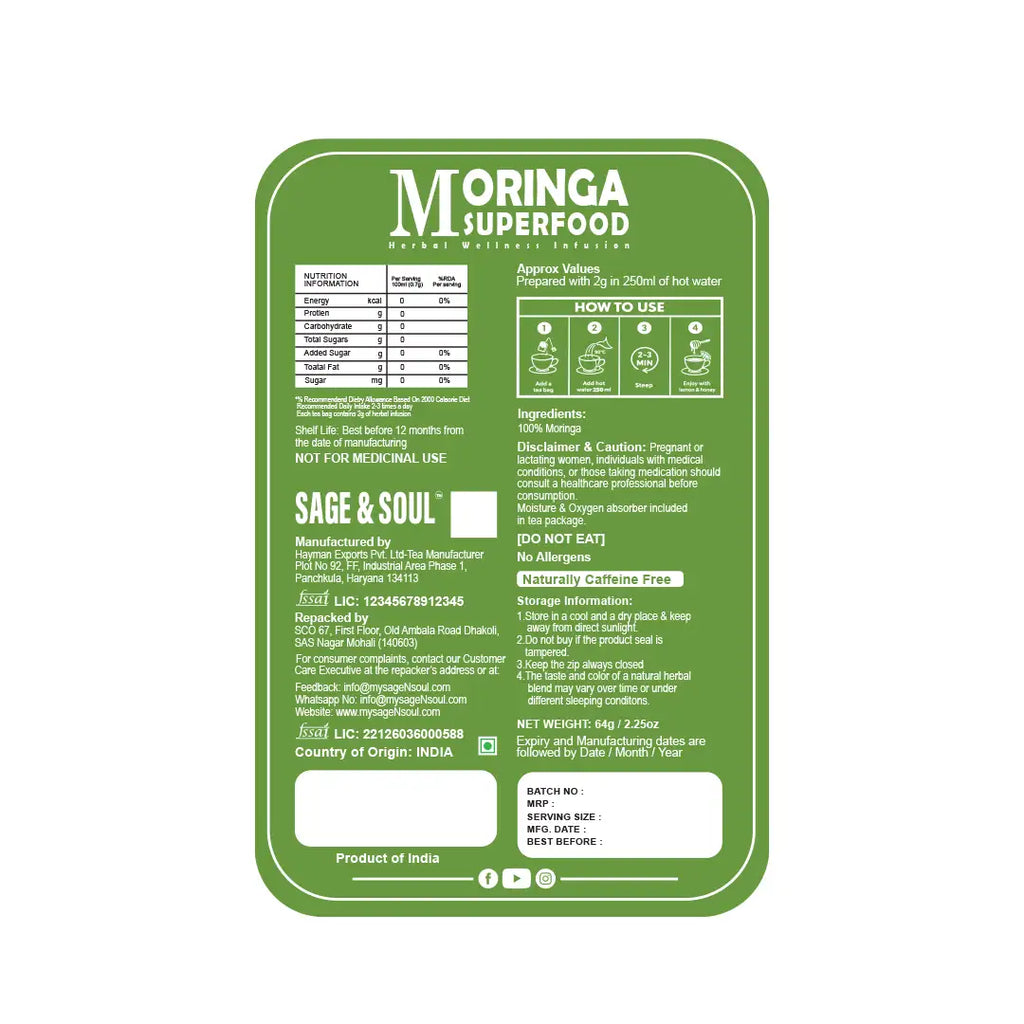 A green rectangular product label with rounded corners for Moringa Superfood Sage & Soul, showing product details, usage instructions, and nutritional information on a white background.