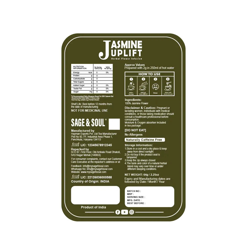 A dark olive green rectangular product label with rounded corners on a white background. The label features white text for 'JASMINE JUPLIFT' and 'SAGE & SOUL', along with nutritional information, usage instructions, ingredients, and product details.