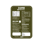 A dark olive green rectangular product label with rounded corners on a white background. The label features white text for 'JASMINE JUPLIFT' and 'SAGE & SOUL', along with nutritional information, usage instructions, ingredients, and product details.