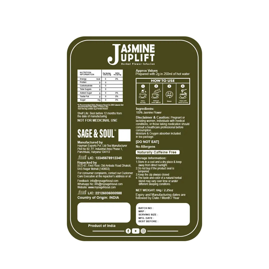 A dark olive green rectangular product label with rounded corners on a white background. The label features white text for 'JASMINE JUPLIFT' and 'SAGE & SOUL', along with nutritional information, usage instructions, ingredients, and product details.