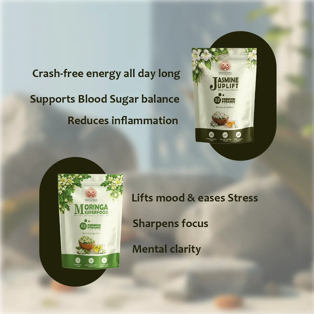 Two stand-up pouches of herbal supplement foods are shown on a softly blurred outdoor background with marketing text. The top-right pouch reads Jasmine Uplift and the bottom-left pouch reads Moringa Superfoods, each with green and white packaging and a dark oval behind it.