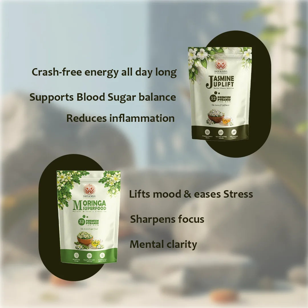Two stand-up pouches of herbal supplement foods are shown on a softly blurred outdoor background with marketing text. The top-right pouch reads Jasmine Uplift and the bottom-left pouch reads Moringa Superfoods, each with green and white packaging and a dark oval behind it.