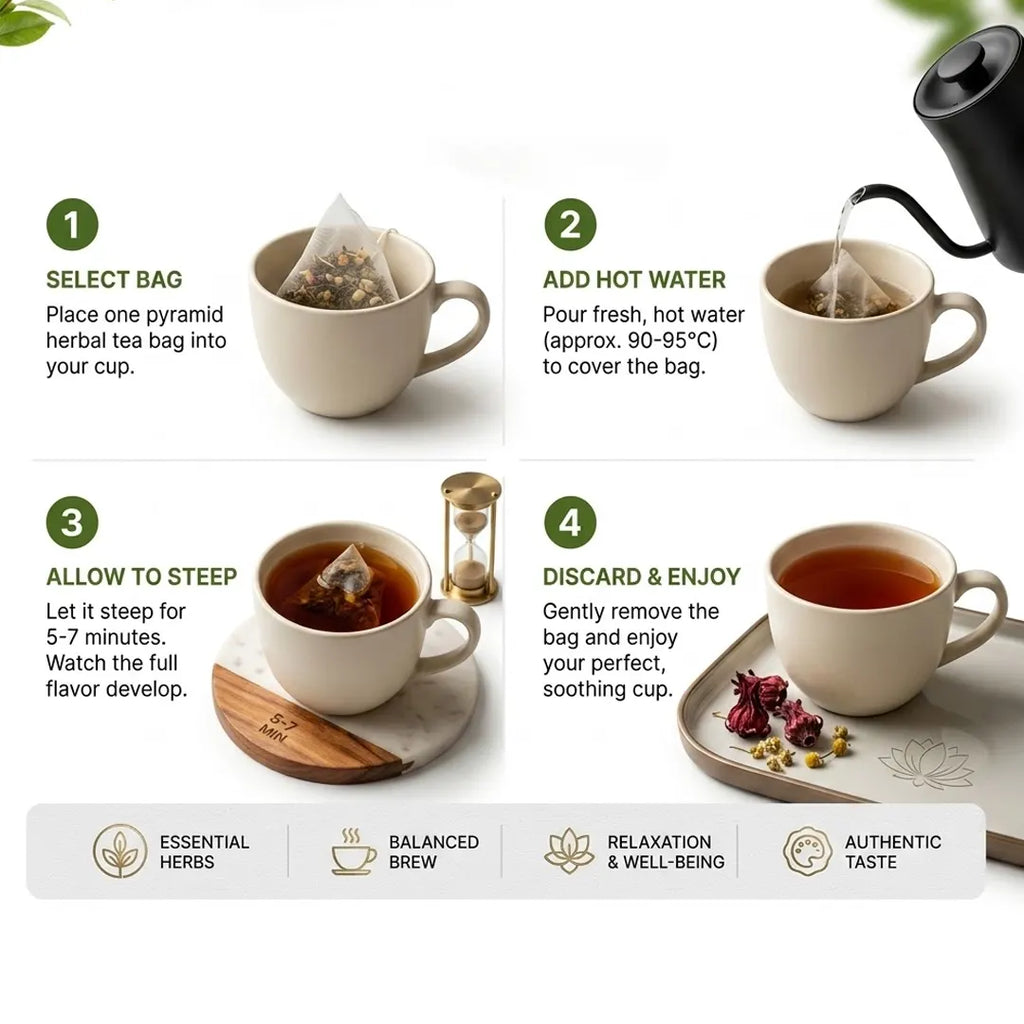 Four-step tea brewing guide with labeled circles and text: select a tea bag, add hot water, allow steeping, and discard & enjoy. The steps are shown over four mug scenes with a kettle pouring water, brewed tea, and a tray of dried tea residues on a white background.