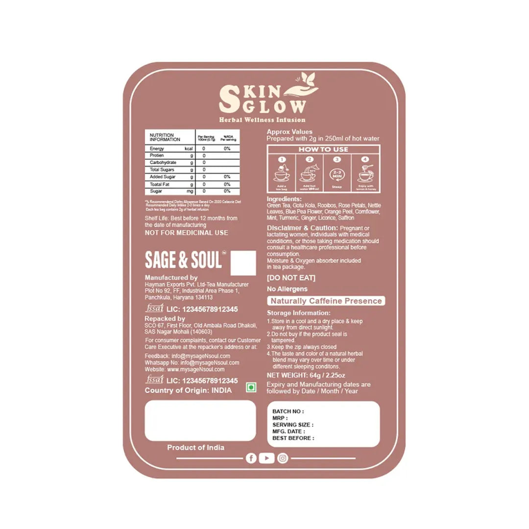 The back of a Skin Glow Sage & Soul Herbal Face Wash Extension bottle, showing product details, usage instructions, and ingredients in a dusty rose-brown color on a white background.