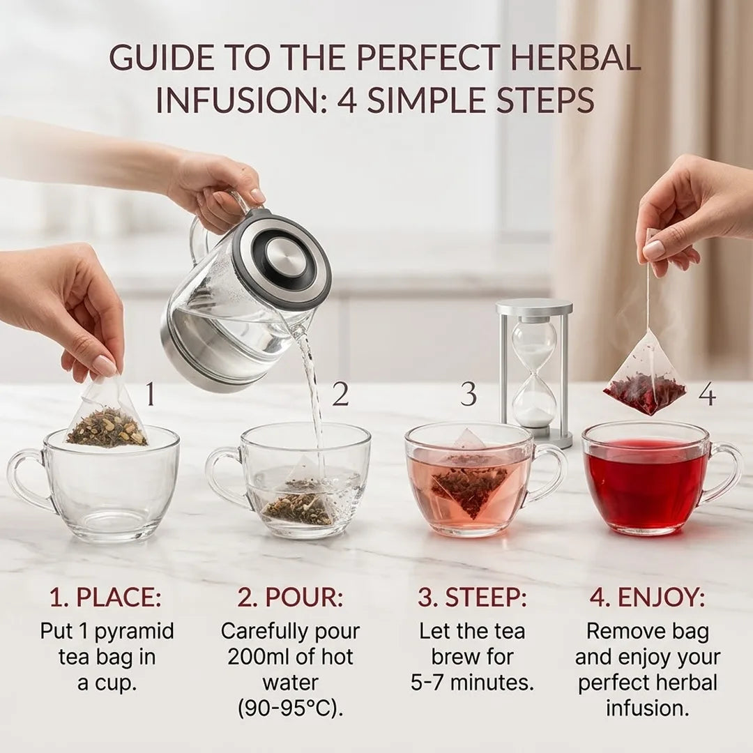 Instructional graphic titled 'Guide to the Perfect Herbal Infusion: 4 Simple Steps' showing hands preparing tea: placing a pyramid tea bag in a cup, pouring hot water, steeping for 5-7 minutes with an hourglass, and enjoying the brewed tea. Text and numbered steps explain the process.