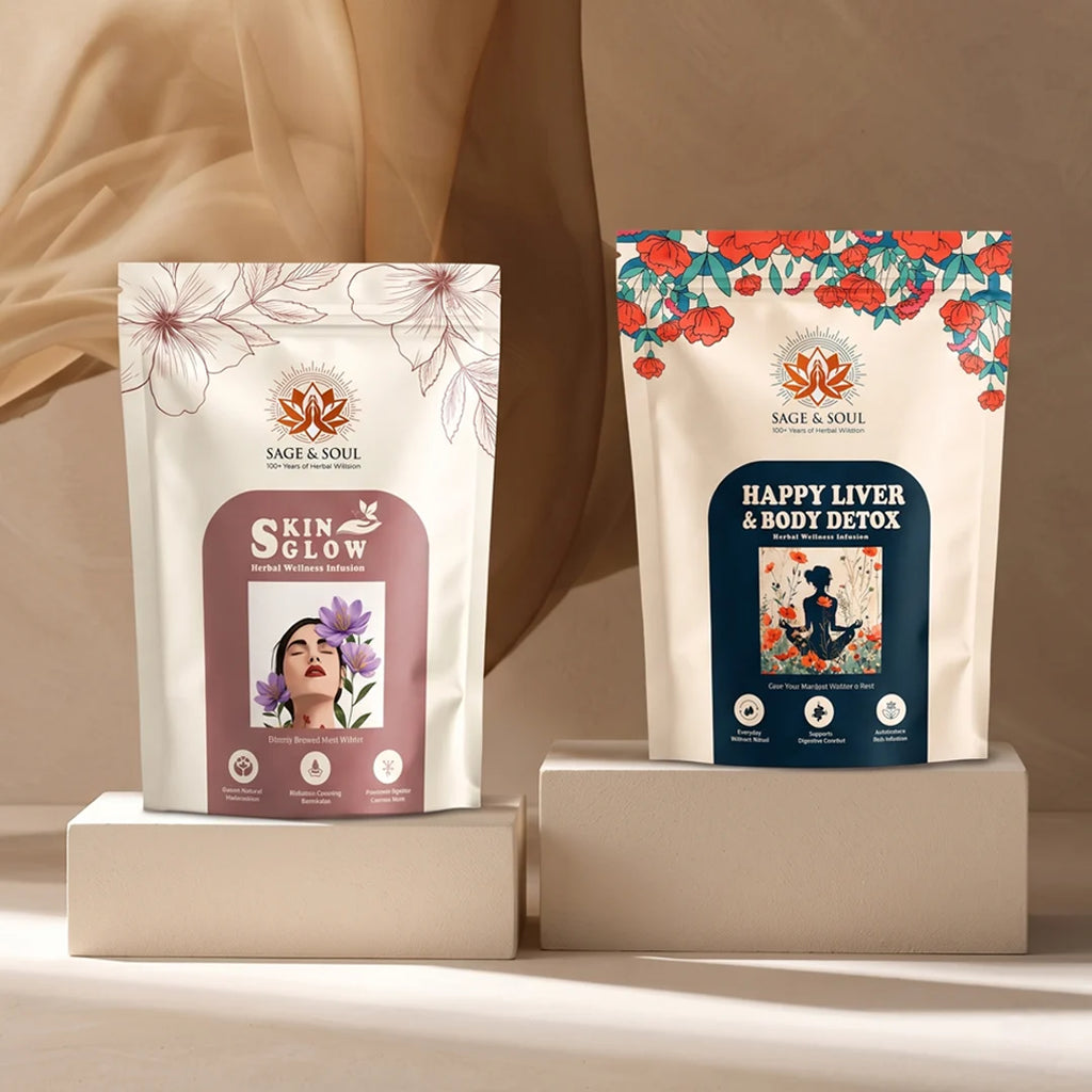 Two stand-up pouches of Sage & Soul herbal tea displayed on beige pedestals against a draped beige fabric background. The left pouch is labeled 'Skin Glow' with a white floral design and a mauve panel; the right pouch is labeled 'Happy Liver & Body Detox' with a cream background, red floral border, and dark blue panel.