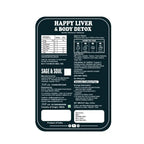 A dark teal rectangular product label for Sage & Soul Happy Liver & Body Detox, featuring white text, nutritional information, usage instructions, and a white box at the bottom for personalization.
