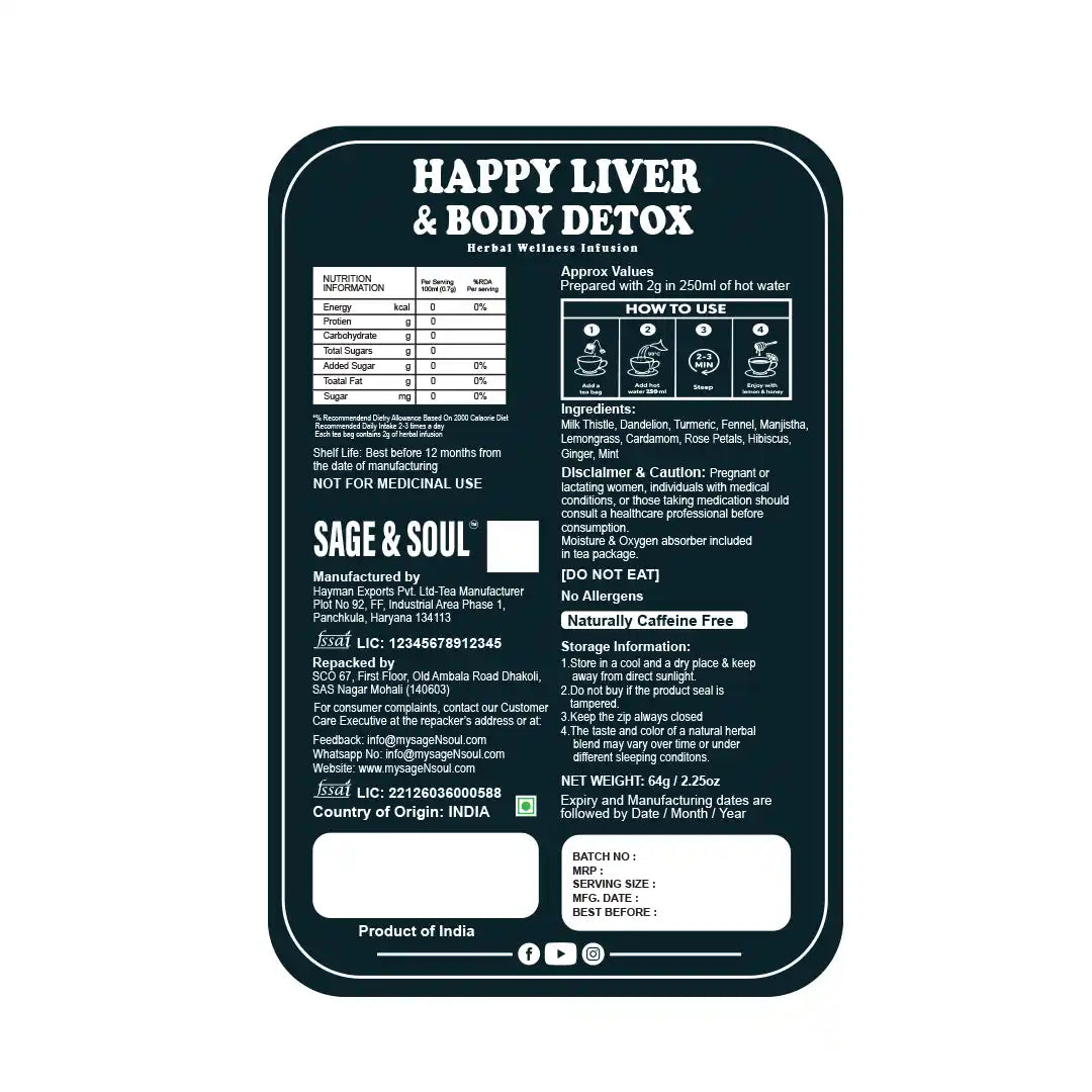 A dark teal rectangular product label for Sage & Soul Happy Liver & Body Detox, featuring white text, nutritional information, usage instructions, and a white box at the bottom for personalization.