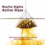 Tea bag with dried herbs and text about improving sleep quality and daily energy.