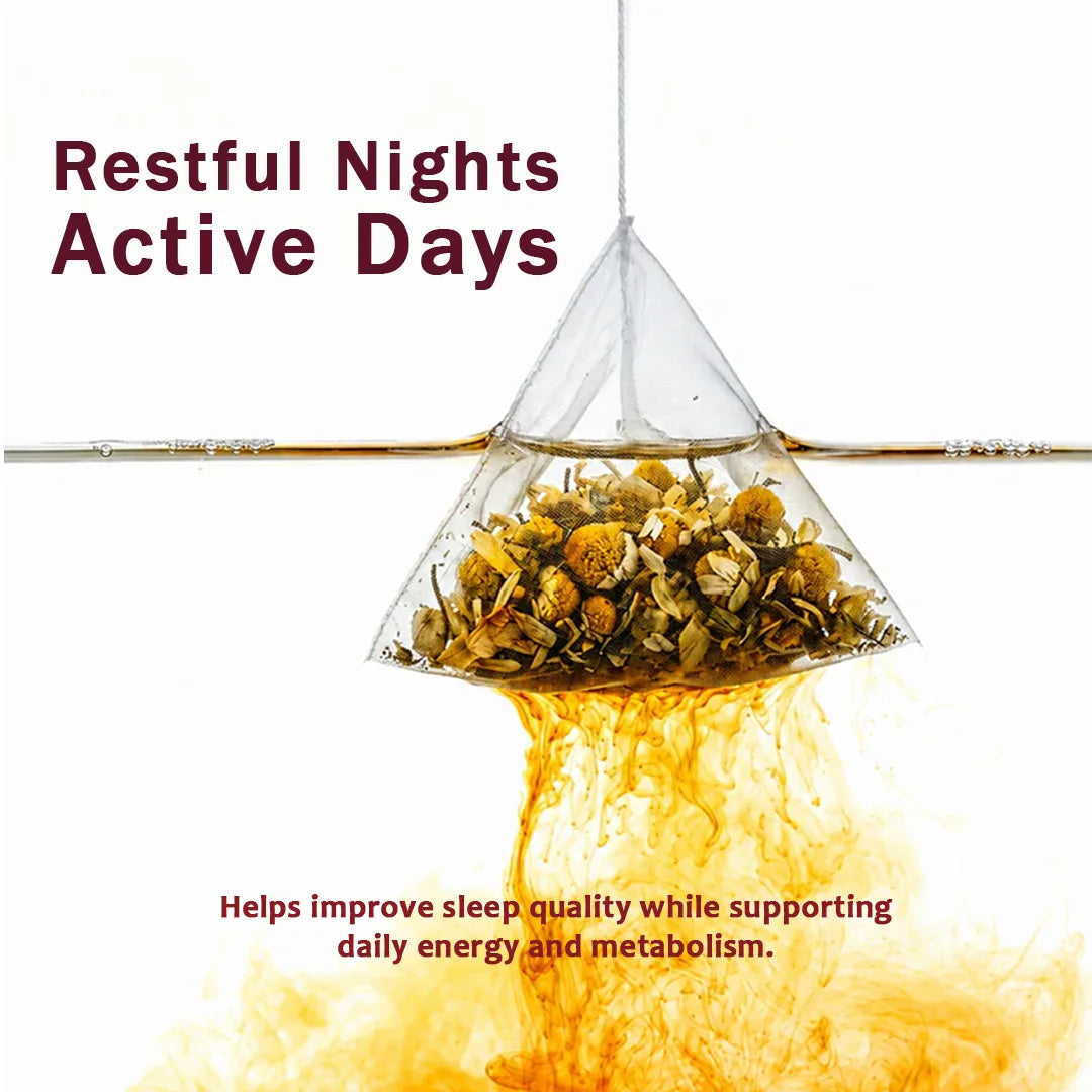 Tea bag with dried herbs and text about improving sleep quality and daily energy.