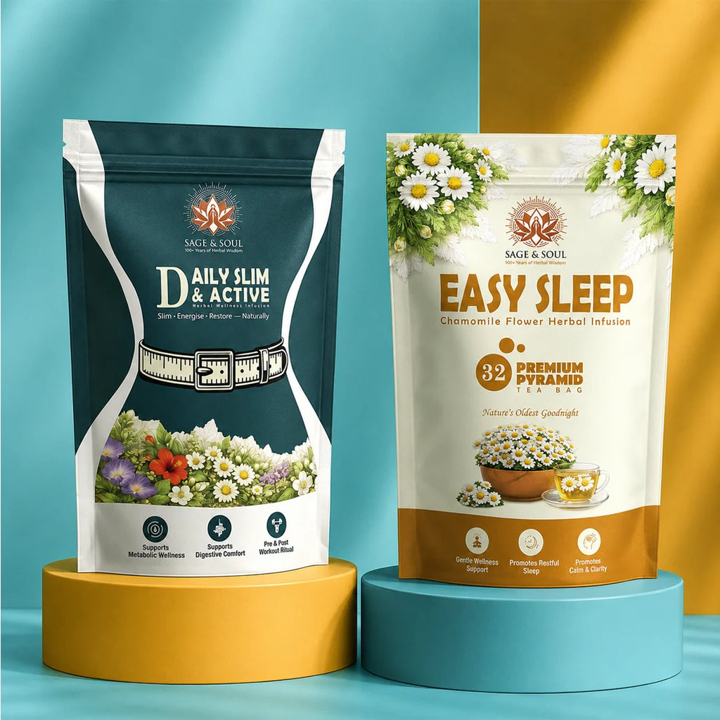 Two packages of 'Sage & Soul' products on cylindrical stands with a blue and yellow background.