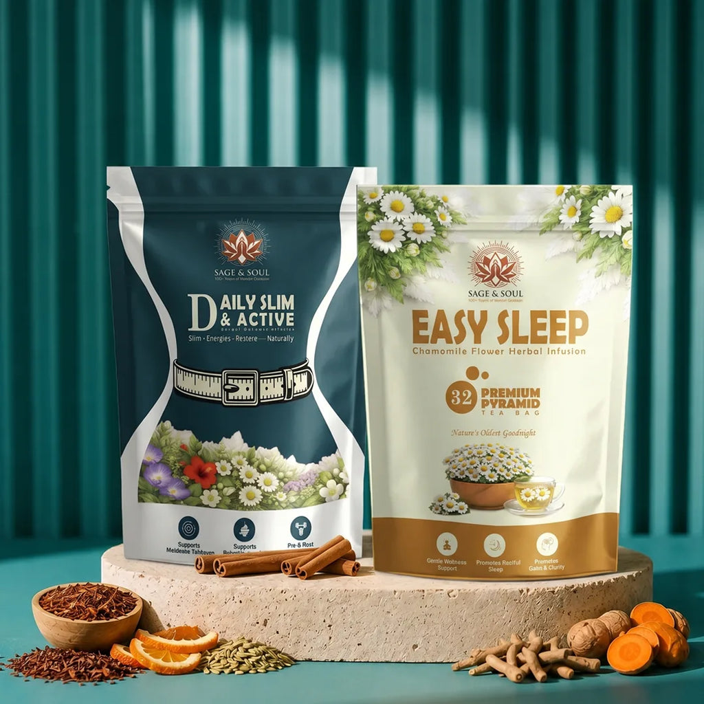 Two packages of 'Daily Slim & Active' and 'Easy Sleep' on a blue background with natural ingredients.