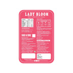 Pink label for Lady Bloom herbal wellness infusion on a white background