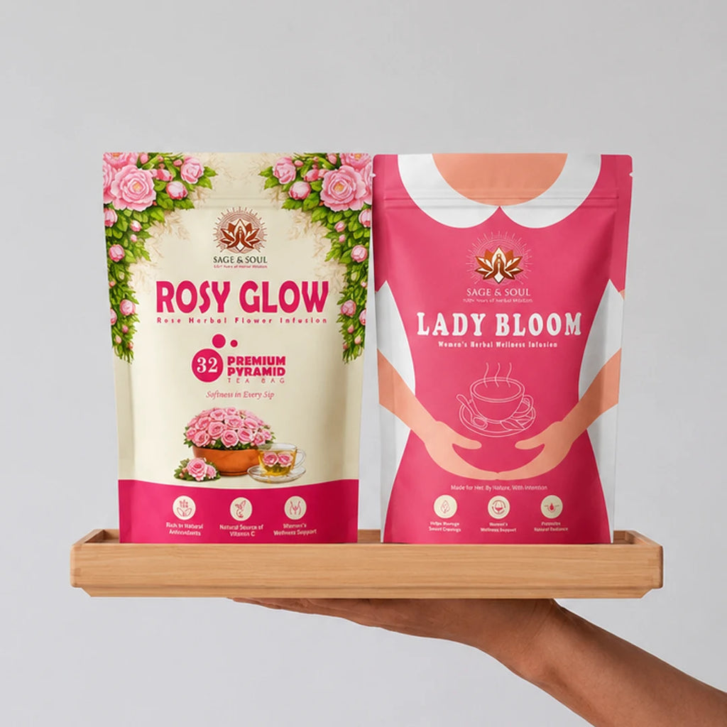 Two packages of 'Rosy Glow' and 'Lady Bloom' on a wooden tray against a gray background