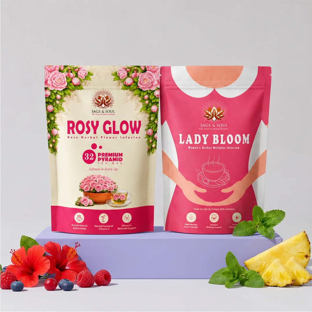 Two stand-up pouches of Sage & Soul herbal flower infusions, labeled Rosy Glow and Lady Bloom, displayed on a light purple pedestal with tropical fruit and mint leaves around them against a light gray background.