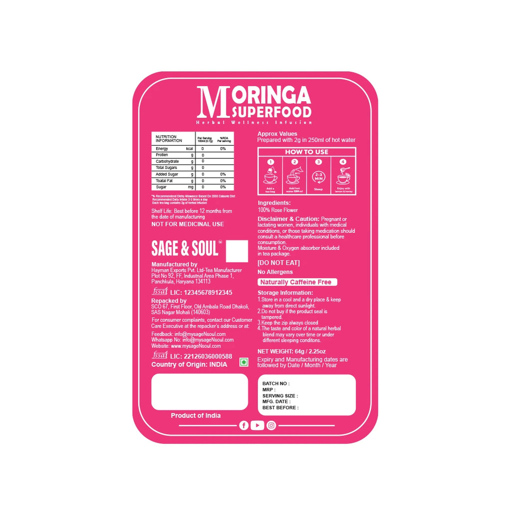 A pink rectangular label with rounded corners on a white background, displaying product information for Moringa Superfood Sage & Soul. The label contains nutritional facts, usage instructions, ingredients, manufacturer details, and a white fill box area at the bottom.