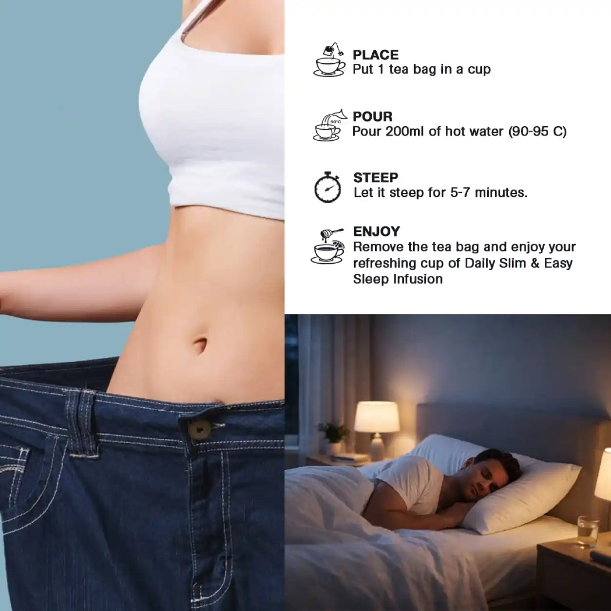 Tea packaging with weight loss before-and-after images and tea steeping instructions.