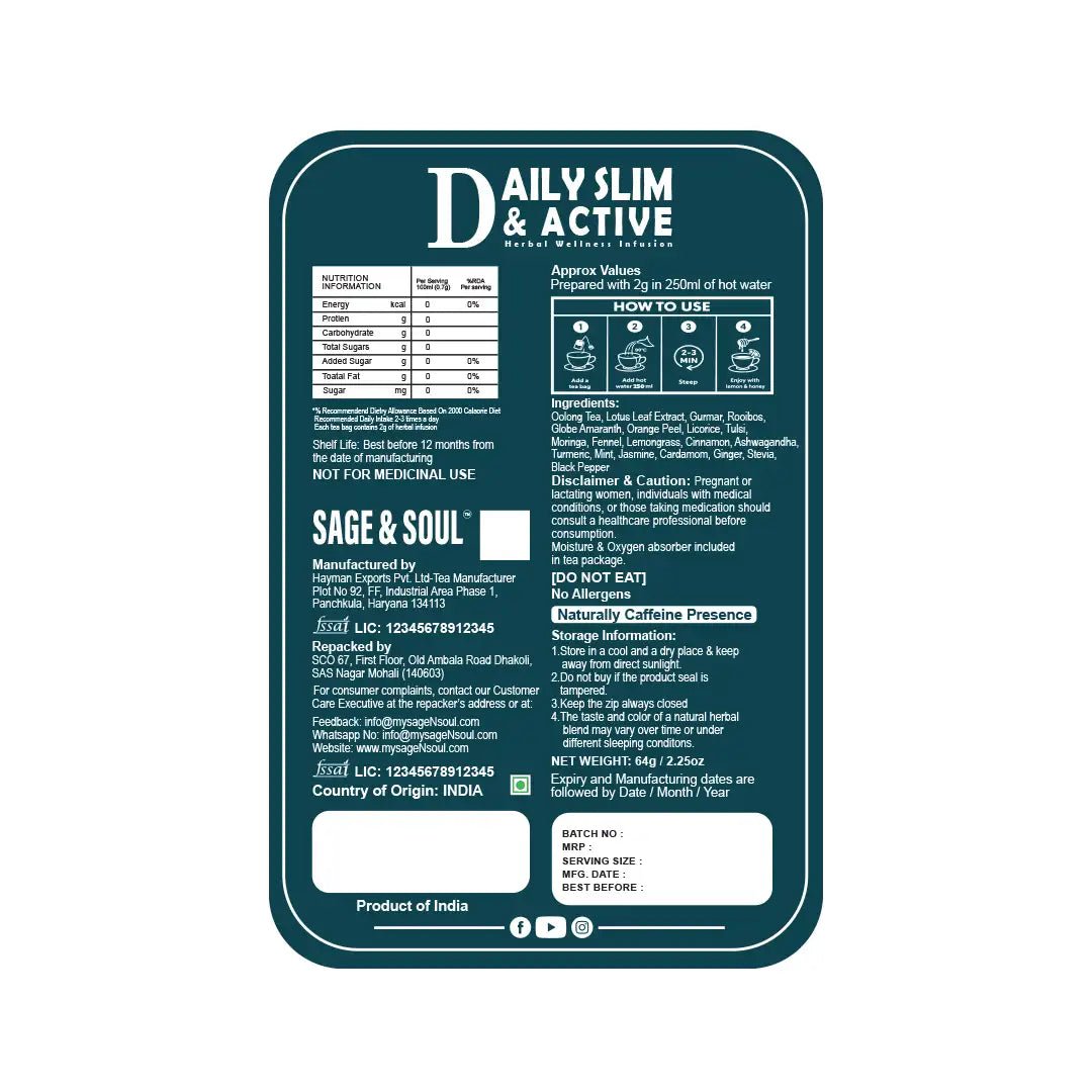 Daily Slim & Active | Herbal Wellness Infusion | 30 Premium Pyramid Tea Bags - Sage & Soul