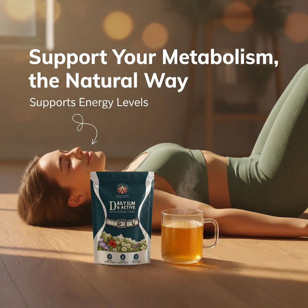 A woman in a green sports bra and leggings lies on a wooden floor in a warm, sunlit room, with a pouch of Daily Bio Active herbal tea and a glass mug of tea in the foreground. Text on the image reads: 'Support Your Metabolism, the Natural Way' and 'Supports Energy Levels'.