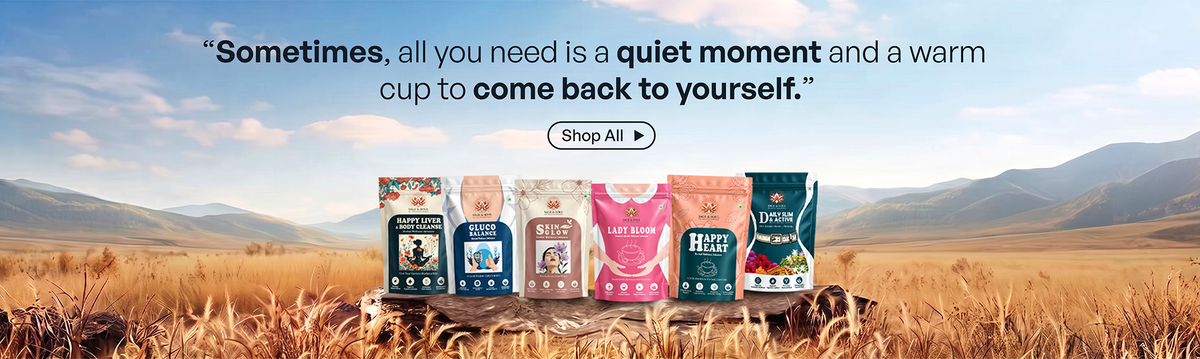 A promotional banner featuring six pet supplement bags lined up in a golden field with mountains and a blue sky in the background. Above the products, the text reads, 'Sometimes, all you need is a quiet moment and a warm cup to come back to yourself.