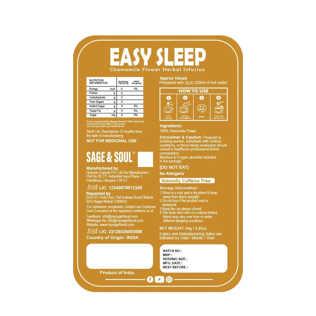 Easy Sleep | Chamomile Flower Infusion | 32 Premium Pyramid Tea Bags - Sage & Soul