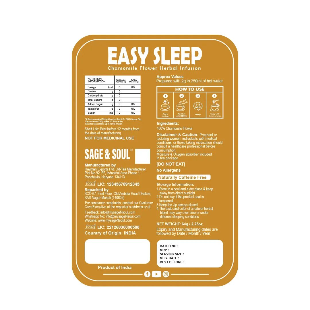 Easy Sleep | Chamomile Flower Infusion | 32 Premium Pyramid Tea Bags - Sage & Soul