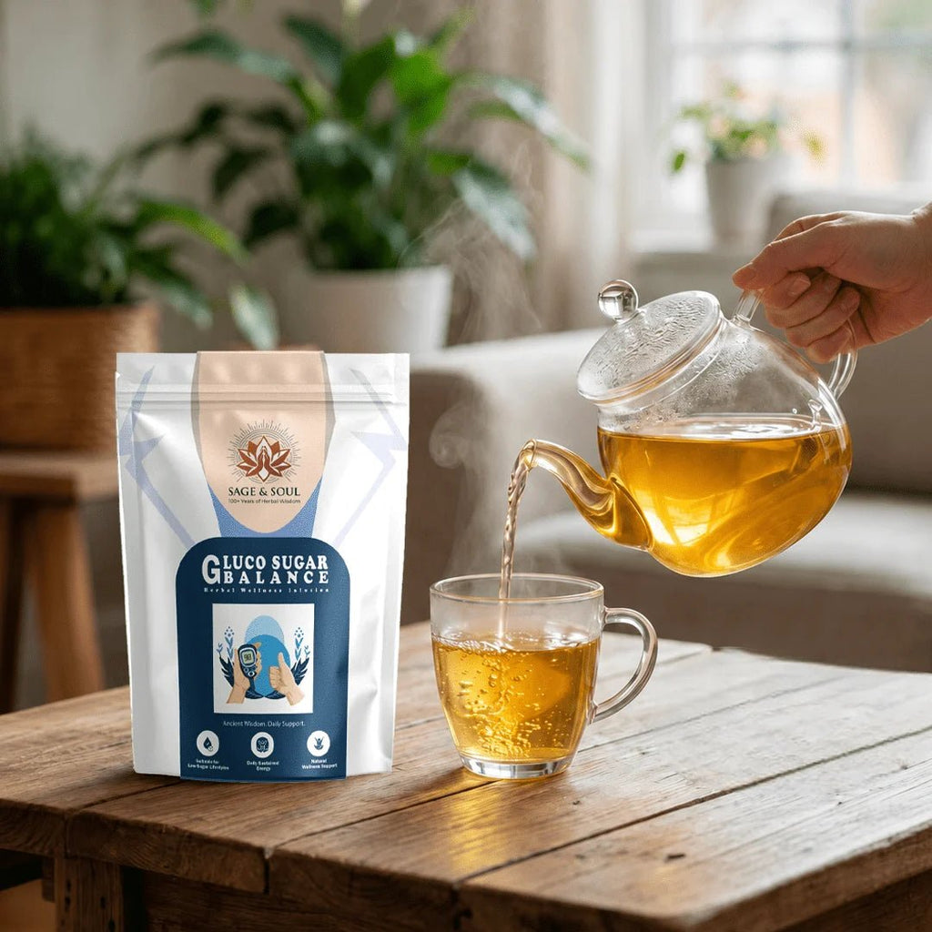 A person pours golden tea from a glass teapot into a clear glass mug placed on a wooden table. The product packaging, a white and navy stand-up pouch labeled 'Gluco Sugar Balance' by 'Sage & Soul', sits beside the mug in a softly blurred living room setting with plants and a sofa in the background.