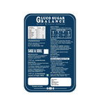 A dark blue and white product label for 'Gluco Sugar Balance' by 'Sage & Soul', displaying detailed product information, ingredients, and usage instructions on a plain white background.