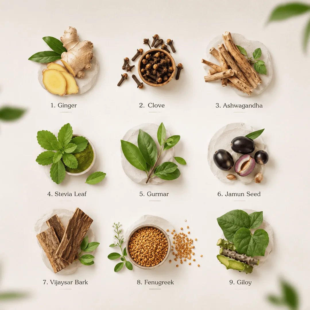 A 3x3 grid of labeled herbal ingredients on a light beige background: ginger with slices, cloves in a small bowl, ashwagandha roots, stevia leaf, gurmar leaves, jamun seeds, vijnaysar bark, fenugreek beans, and giloy leaves.