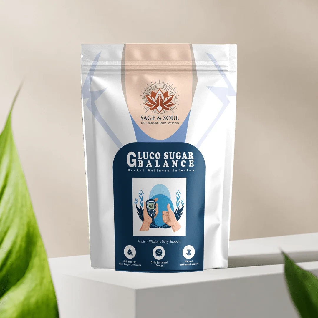 A stand-up pouch of Sage & Soul Gluco Sugar Balance dietary supplement, displayed on a white pedestal with blurred green leaves in the foreground.