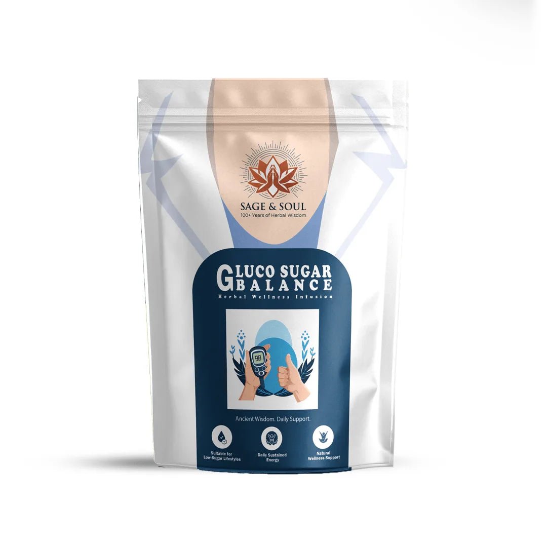 A stand-up pouch of Sage & Soul Gluco Sugar Balance herbal wellness supplement, featuring a white and navy blue design with a central peach-colored graphic.
