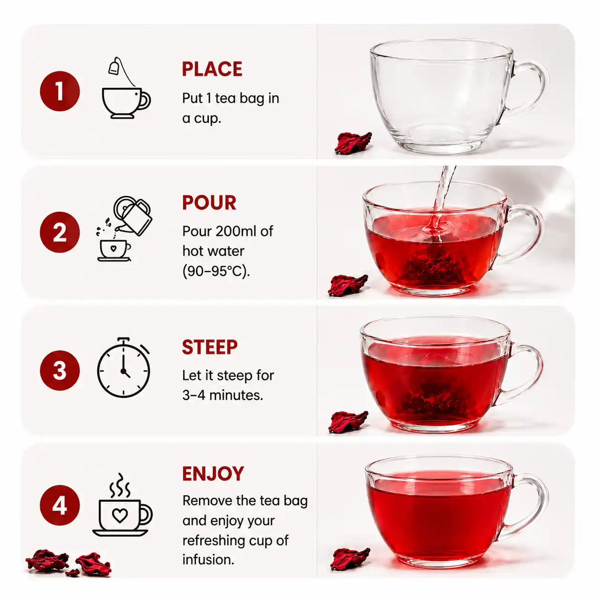 Instructional graphic showing how to make tea in four steps: place a tea bag in a cup, pour hot water, steep for 3-4 minutes, and enjoy. The graphic includes numbered red circles, text labels, simple line icons, and photos of a clear glass cup with red tea and a tea bag on a white background.