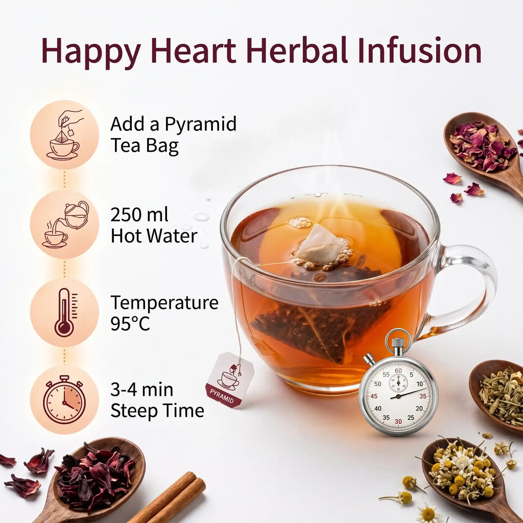 A promotional graphic for Happy Heart Herbal Infusion showing a clear glass cup filled with amber herbal tea and a tea bag, surrounded by loose dried flowers, cinnamon, and a stopwatch. On the left, step-by-step icons and text explain how to make the tea: add a pyramid tea bag, use 250 ml hot water, reach 95°C temperature, and steep for 3-4 minutes.