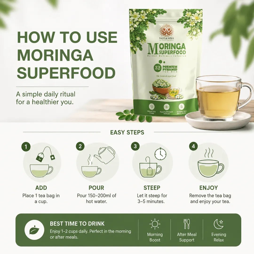 Moringa Superfood | Herbal Wellness Infusion | 30 Premium Pyramid Tea Bags - Sage & Soul